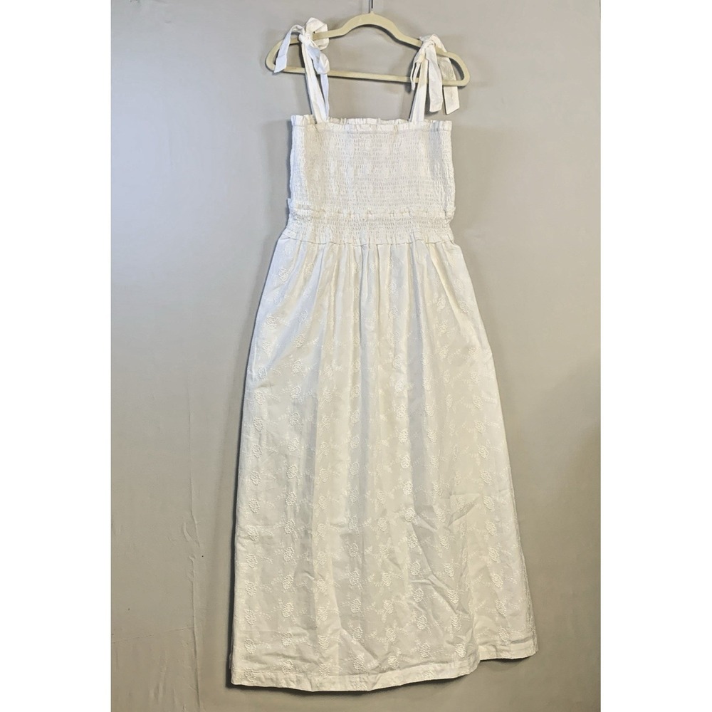 Lost + Wander size Large Smocked 100% Cotton Bow Strap Dress Embossed Print NWT